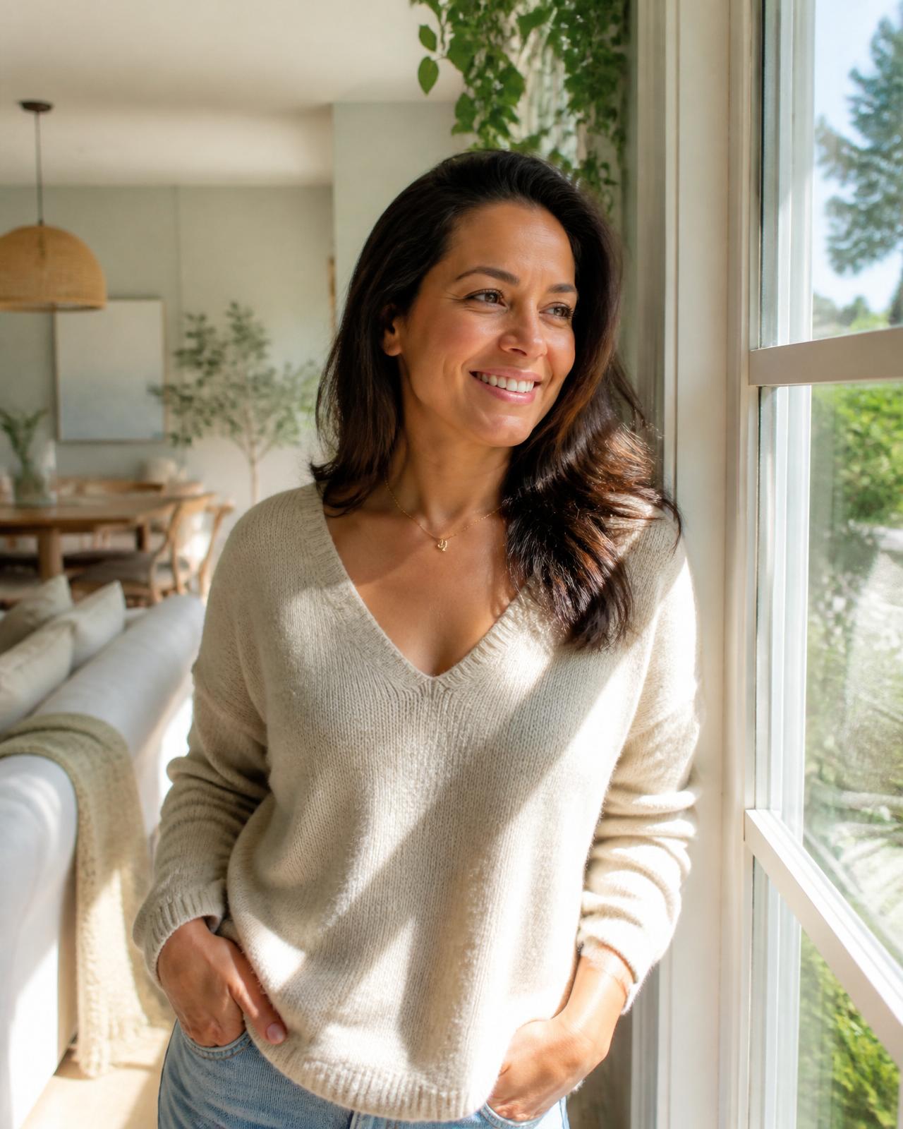Confident adult smiling in a sunlit modern home, representing everyday wellness